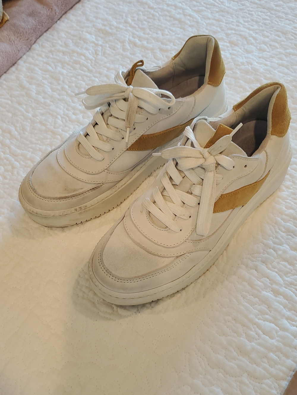 Women's White Suede And Leather Sneakers with Mustard Accent - Casual Lace-Up
